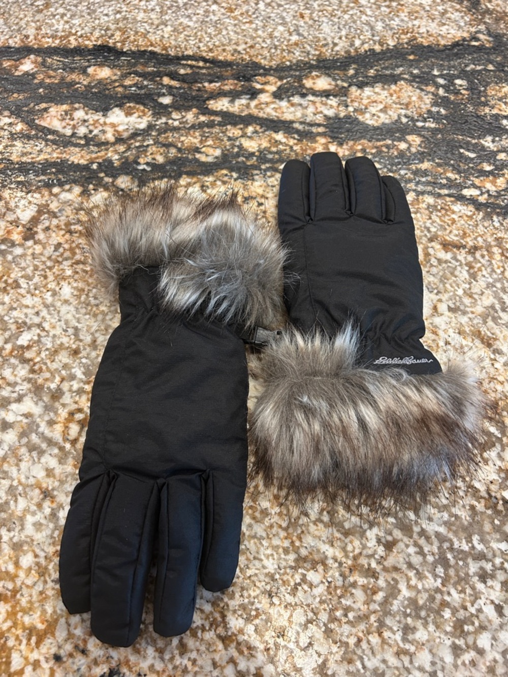 NWOT Eddie Bauer Black Gloves with Faux Fur Trim